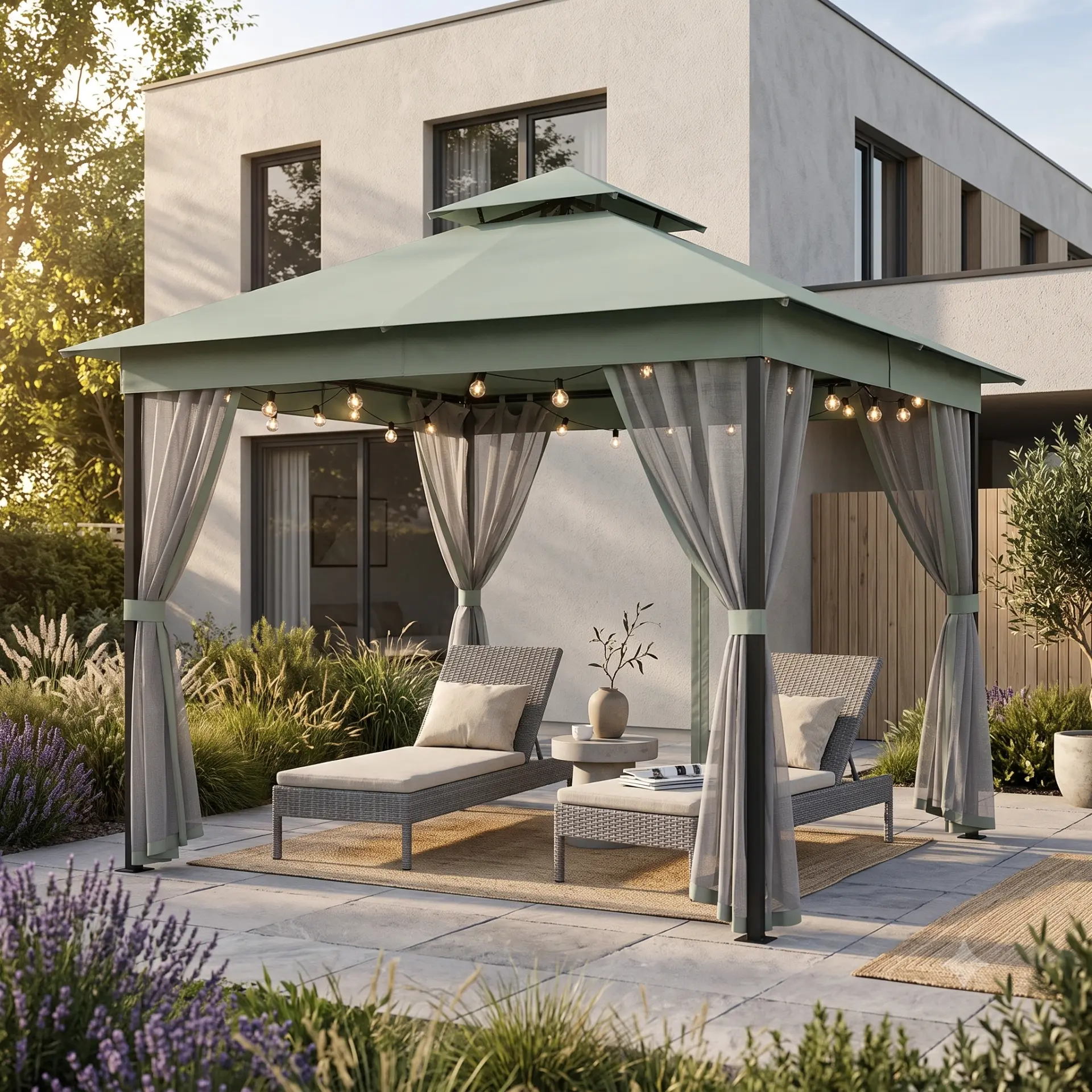 PAVEA Haven 3M gazebo with sage canopy and string lights on a terrace